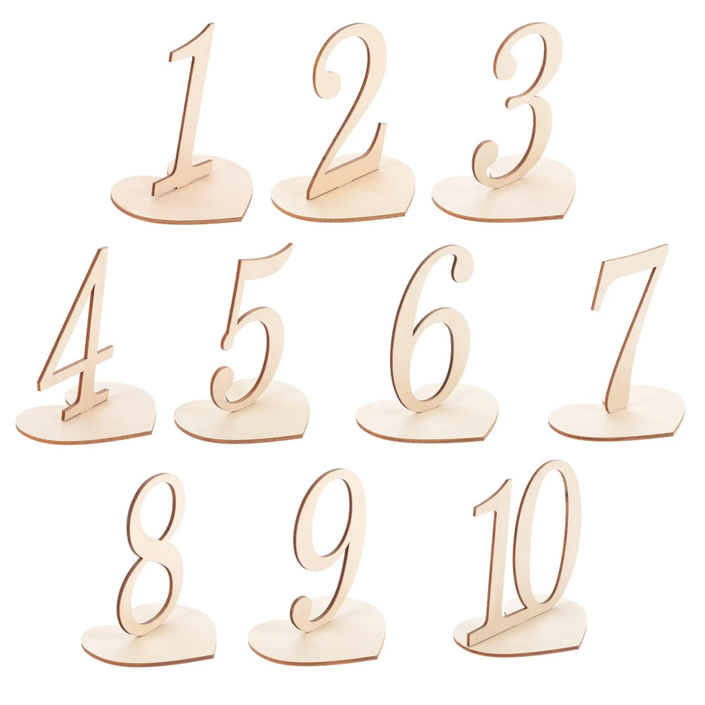 Números de Mesa em Madeira com Base em Coração (Conjunto de 10)