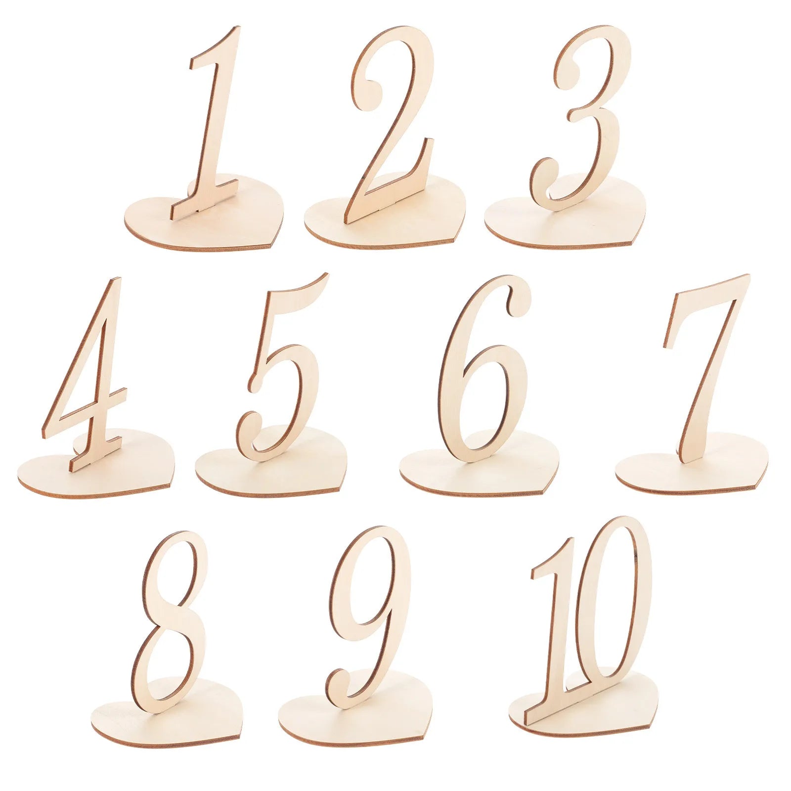 Números de Mesa em Madeira com Base em Coração (Conjunto de 10)