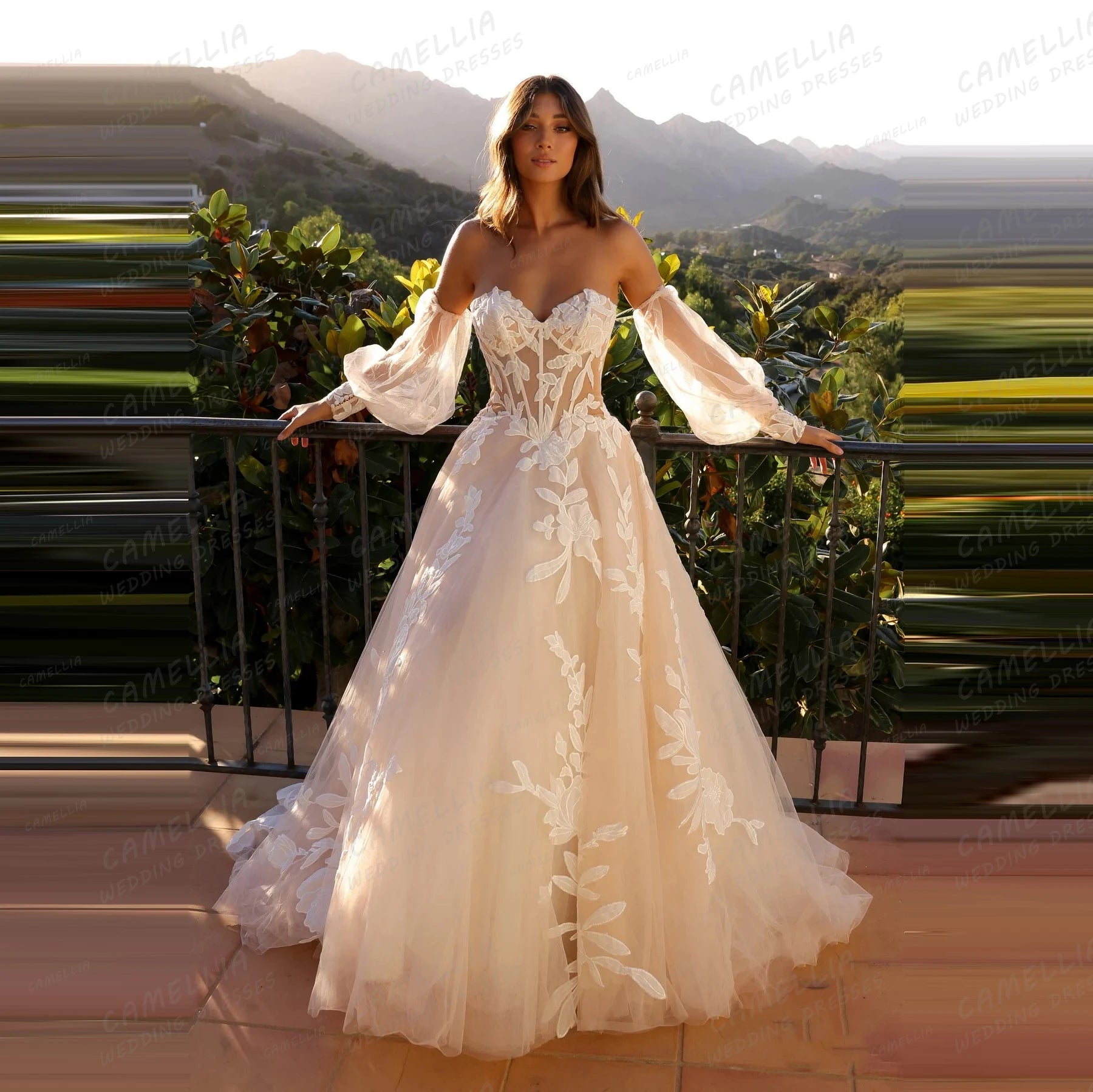 Vestido de Noiva Luxuoso Ombro a Ombro em Tule com Aplicações