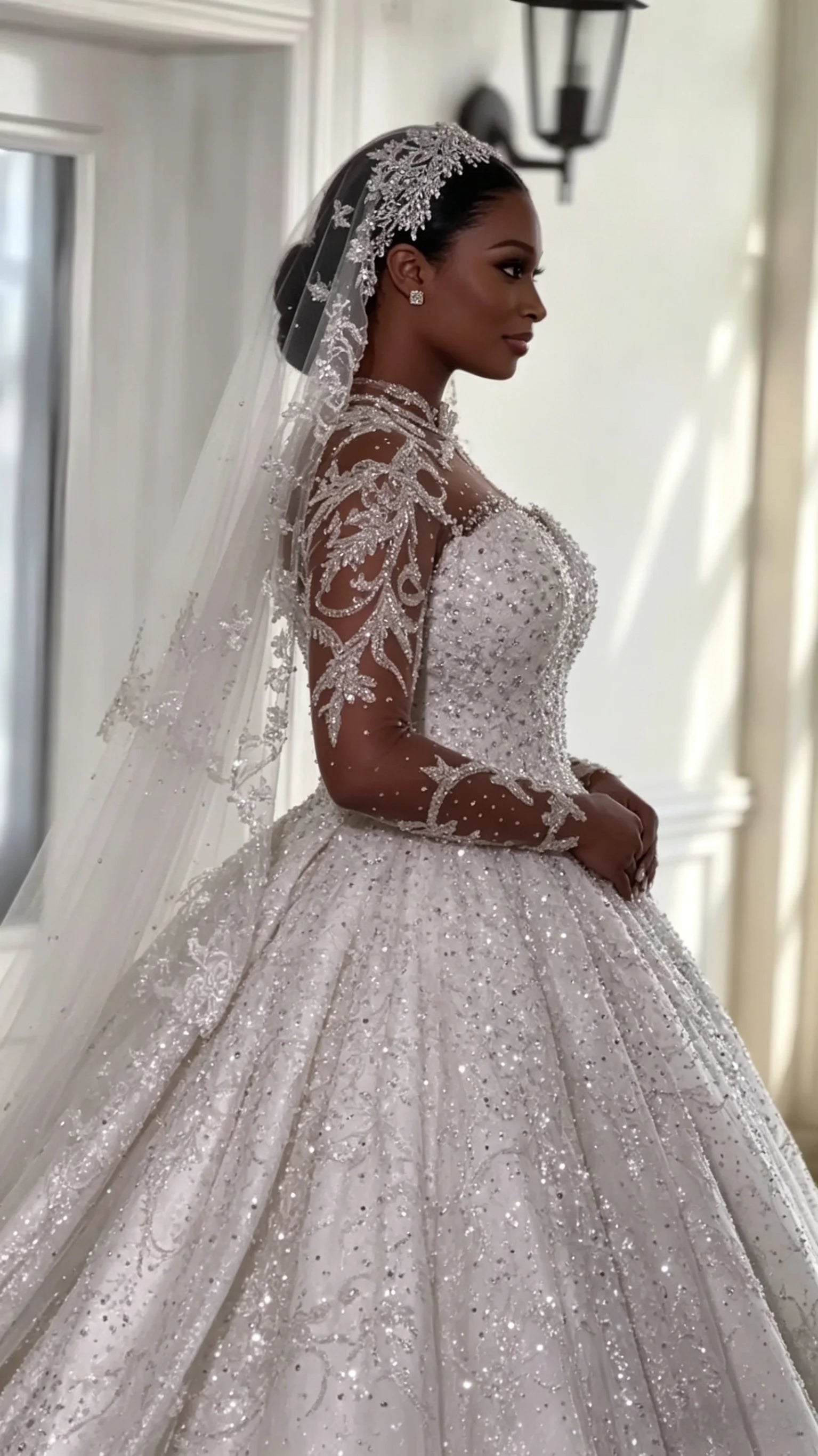 Vestido de Noiva Princesa Luxuoso com Mangas Compridas