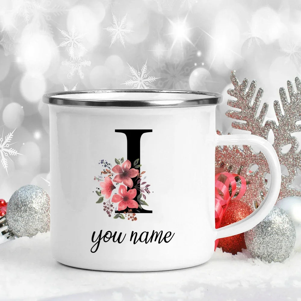 Caneca Esmaltada Personalizada com Nome e Flor