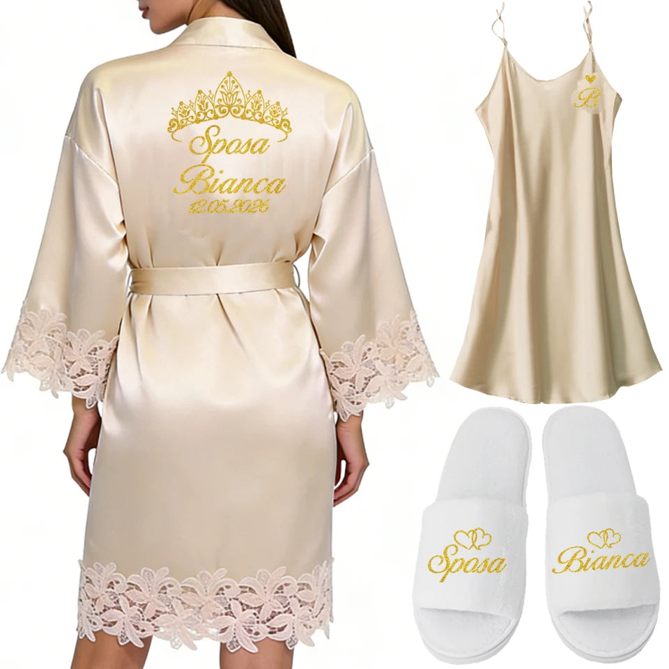 Robe Personalizado para Noiva – Com Nome e Data Bordados | Roupão de Cetim com Renda para Casamento