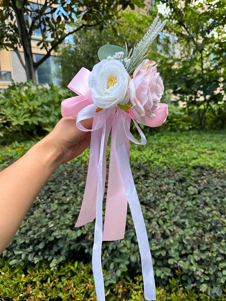 Flor para Espelho de Carro de Casamento – Rosa Branca Artificial com Fita