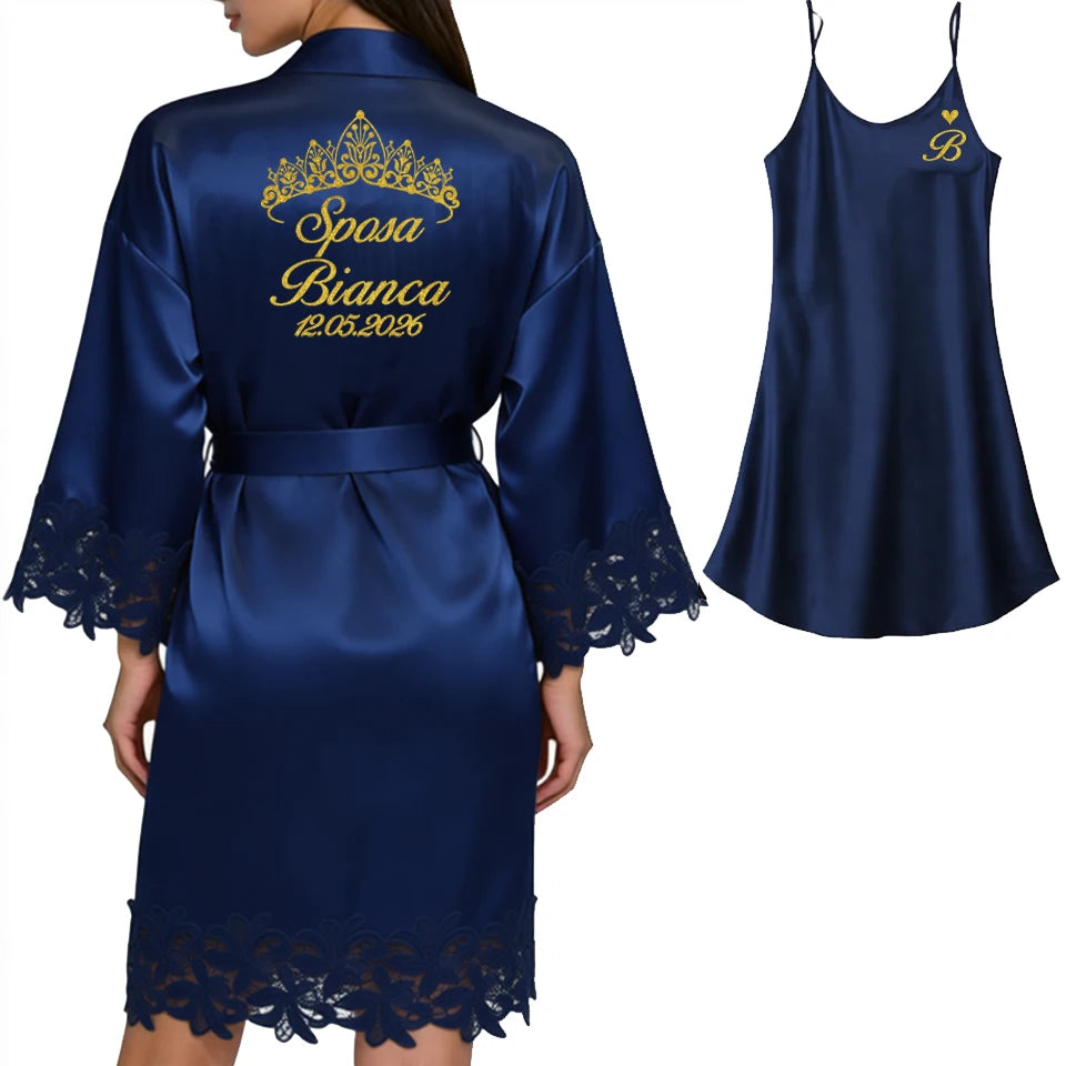 Robe Personalizado para Noiva – Com Nome e Data Bordados | Roupão de Cetim com Renda para Casamento