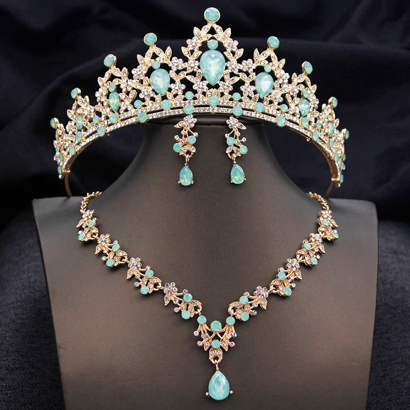 Conjunto de Joias de Princesa com Tiara Azul Opala – Coroa, Colar e Brincos