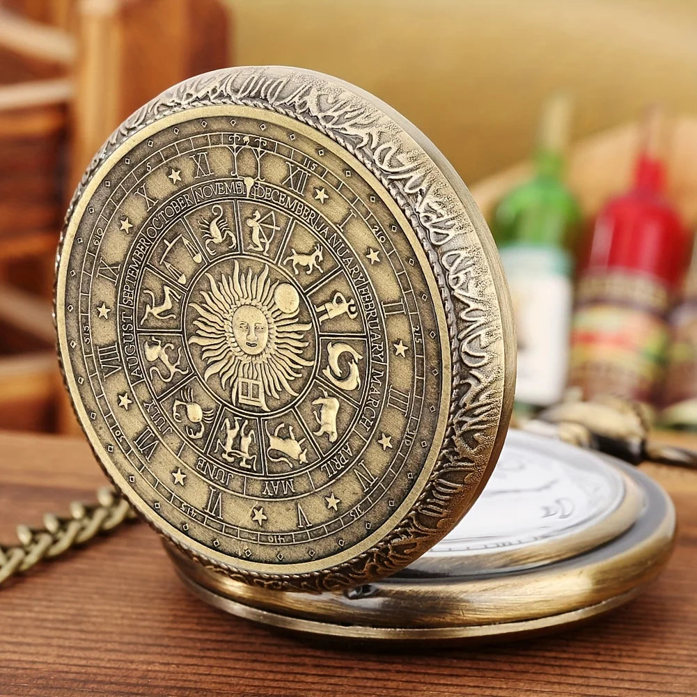 Relógio de Bolso Vintage Tarot Sol & Lua – Colar com Corrente em Bronze