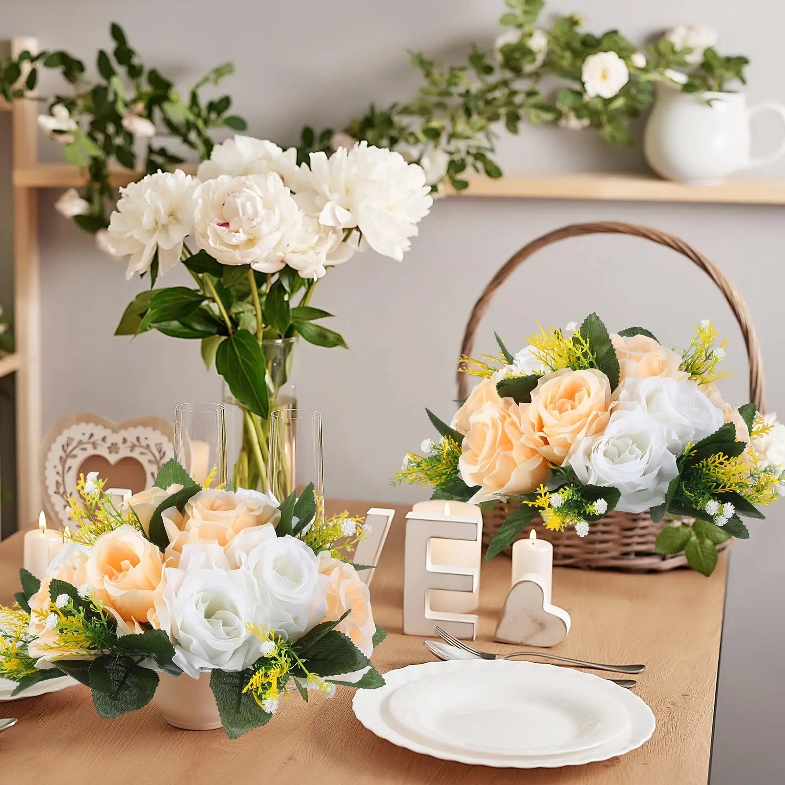 Conjunto de 6 Bolas Florais Artificiais com Rosas – Centros de Mesa para Casamentos
