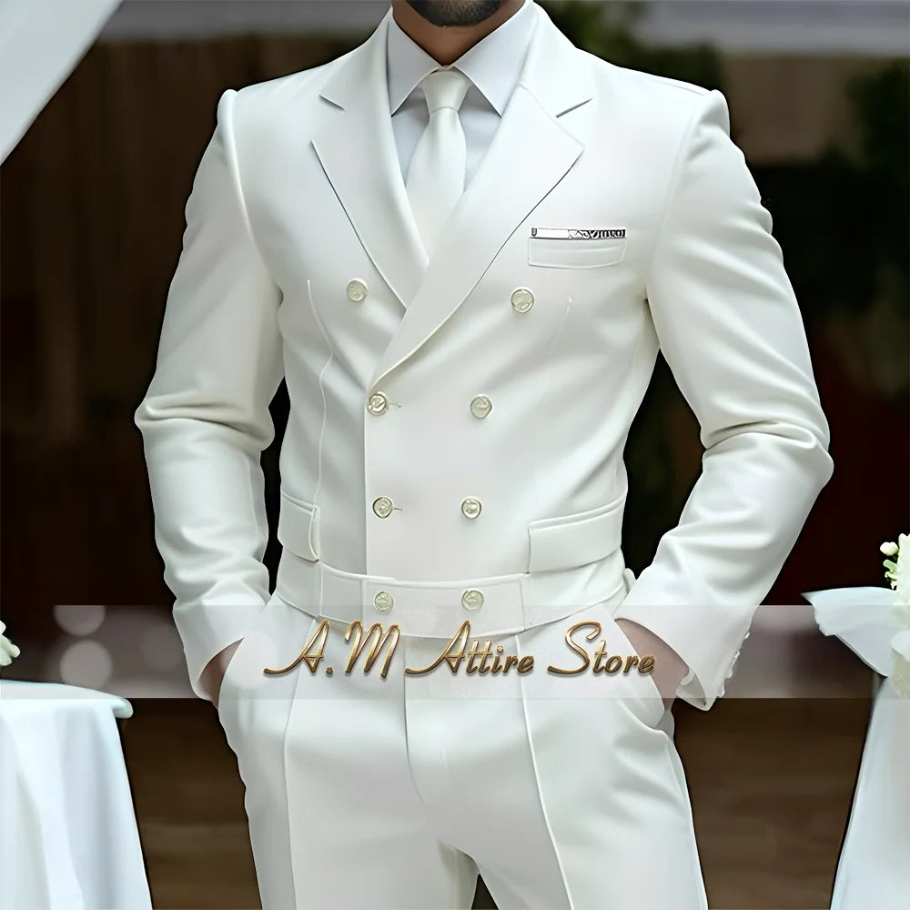 Fato Masculino Branco de Luxo – Blazer Cruzado e Calças Elegantes