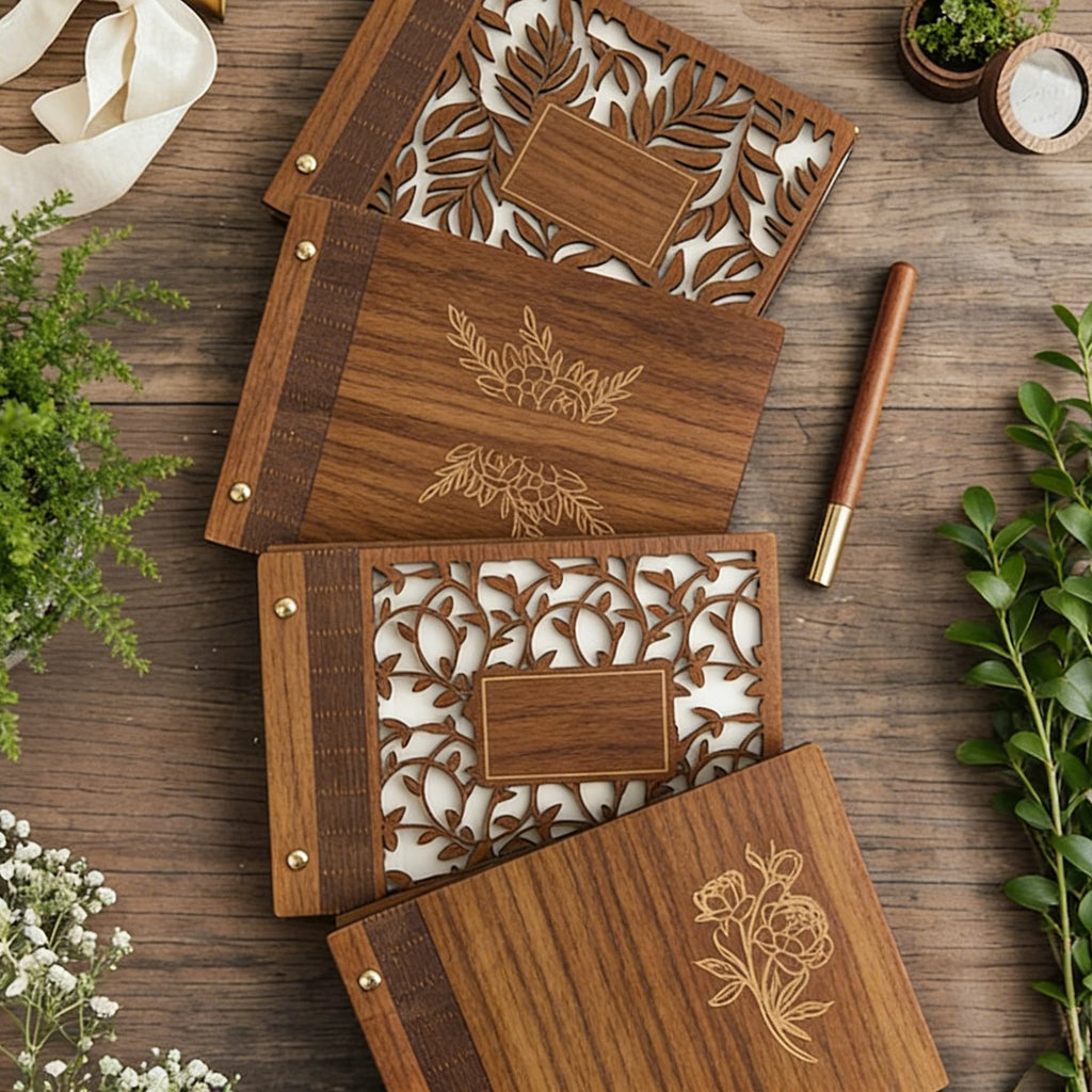 Livro de Honra em Madeira Personalizado com Páginas Pretas | Álbum Premium para Fotografias e Assinaturas