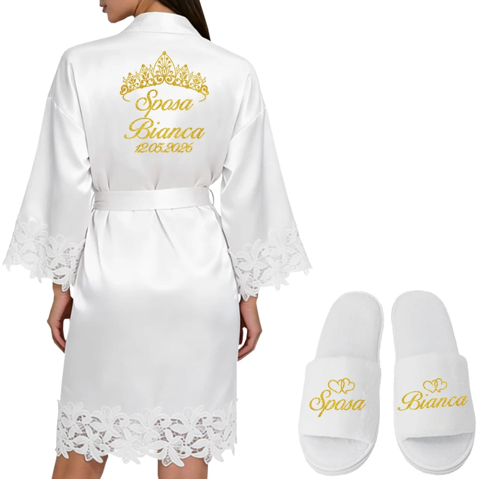 Robe Personalizado para Noiva – Com Nome e Data Bordados | Roupão de Cetim com Renda para Casamento