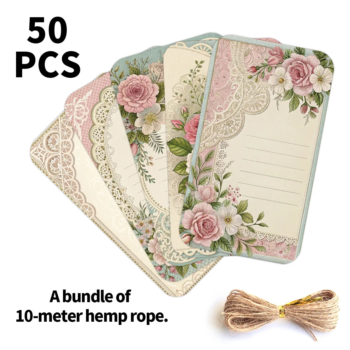 Conjunto de 50 Etiquetas Florais com Renda e Cordão – Para Lembranças de Casamento