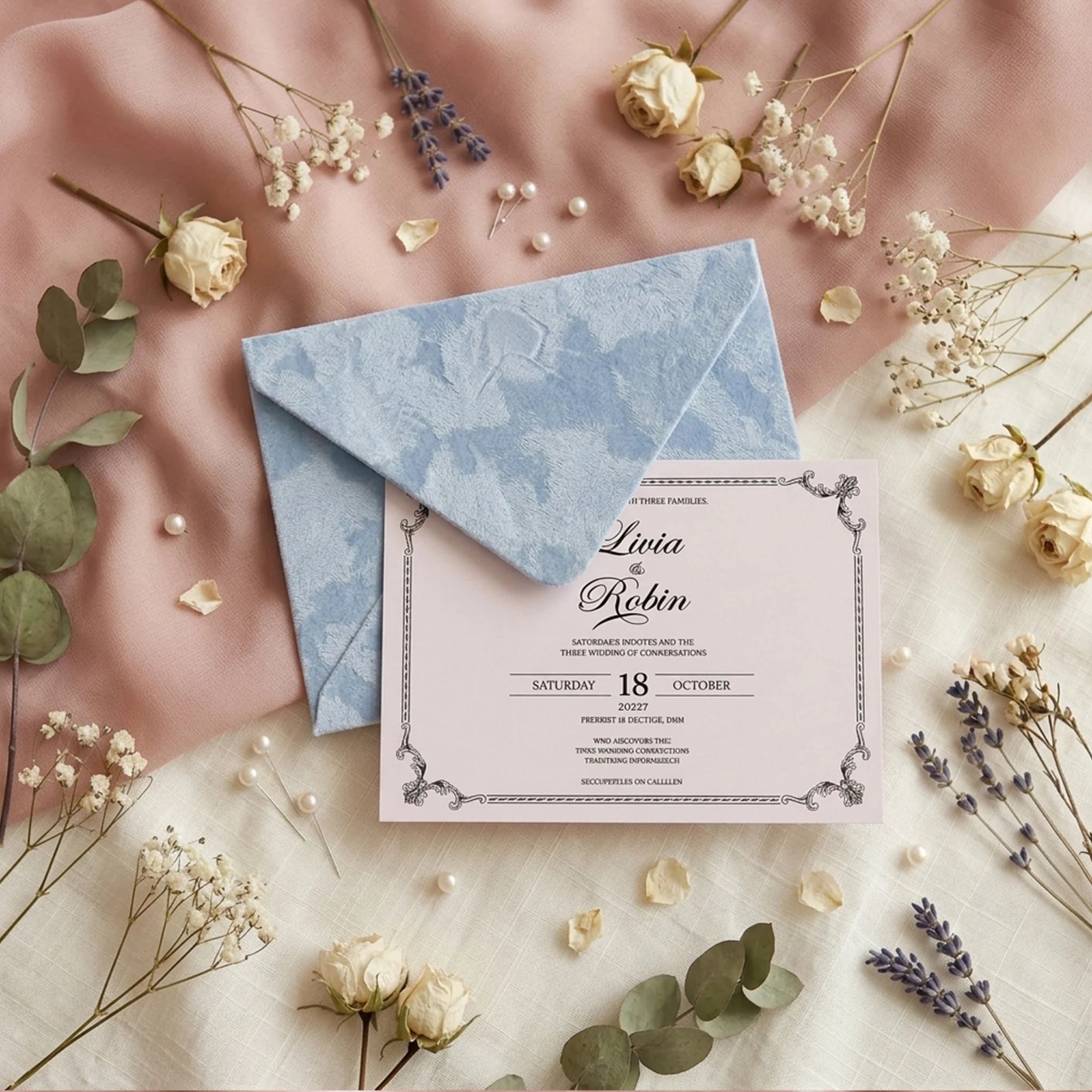 Convite de Casamento em Veludo Azul Poeira – Personalizado | Elegância Intemporal