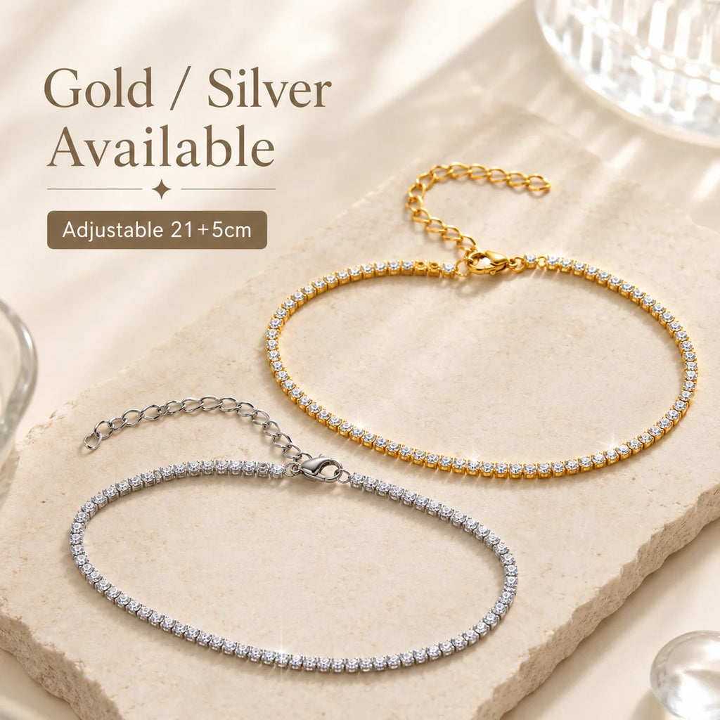 Tornozeleira Tennis com Zircónias – Aço Inoxidável Banhado a Ouro 18K