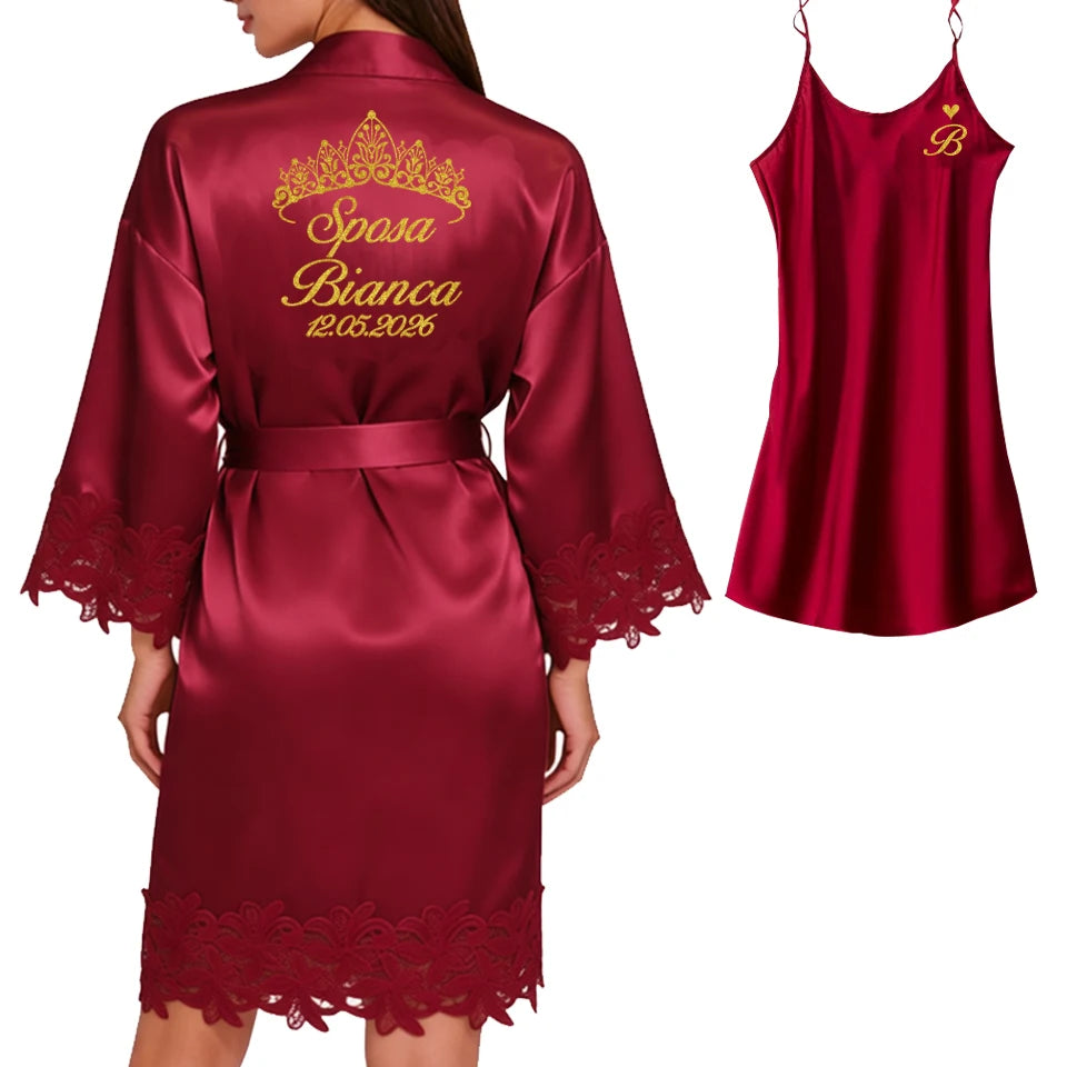 Robe Personalizado para Noiva – Com Nome e Data Bordados | Roupão de Cetim com Renda para Casamento