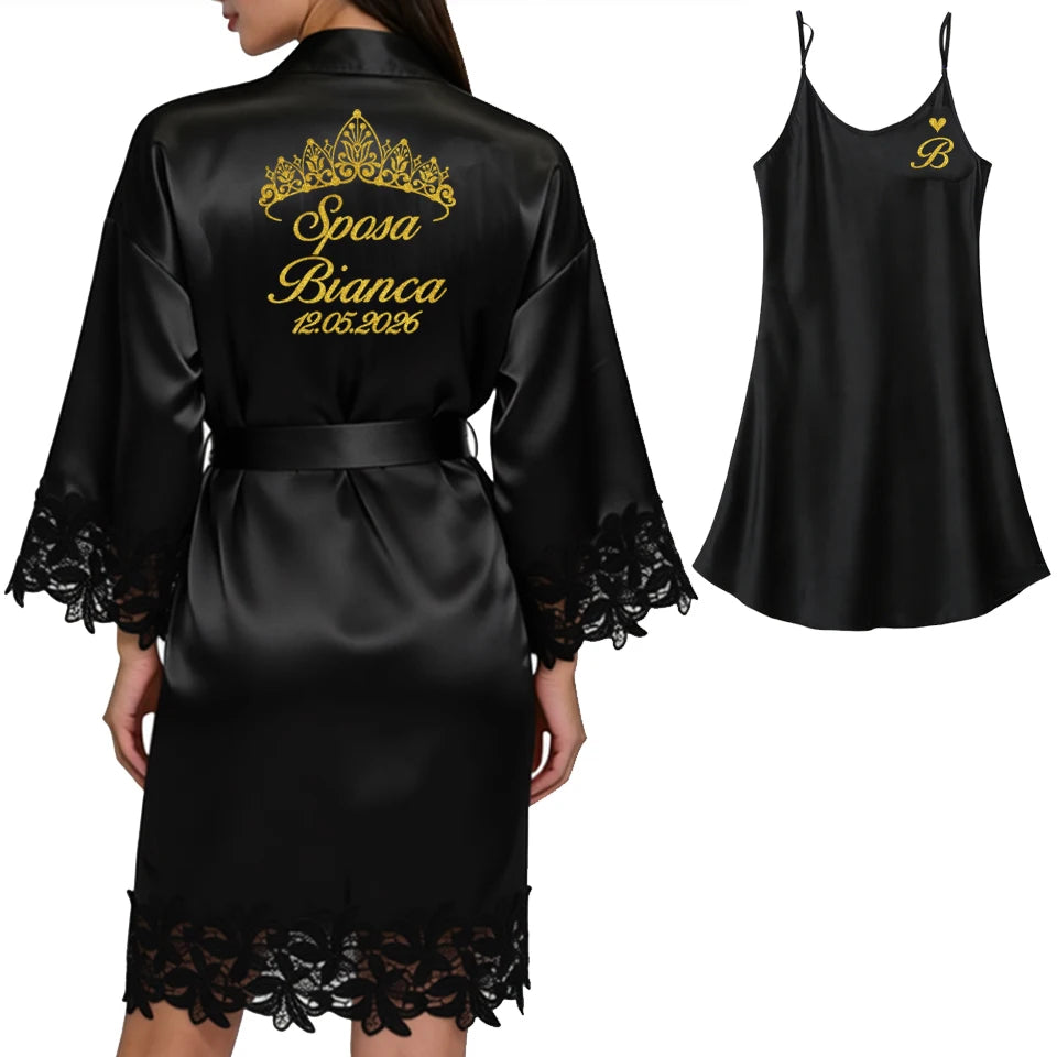 Robe Personalizado para Noiva – Com Nome e Data Bordados | Roupão de Cetim com Renda para Casamento