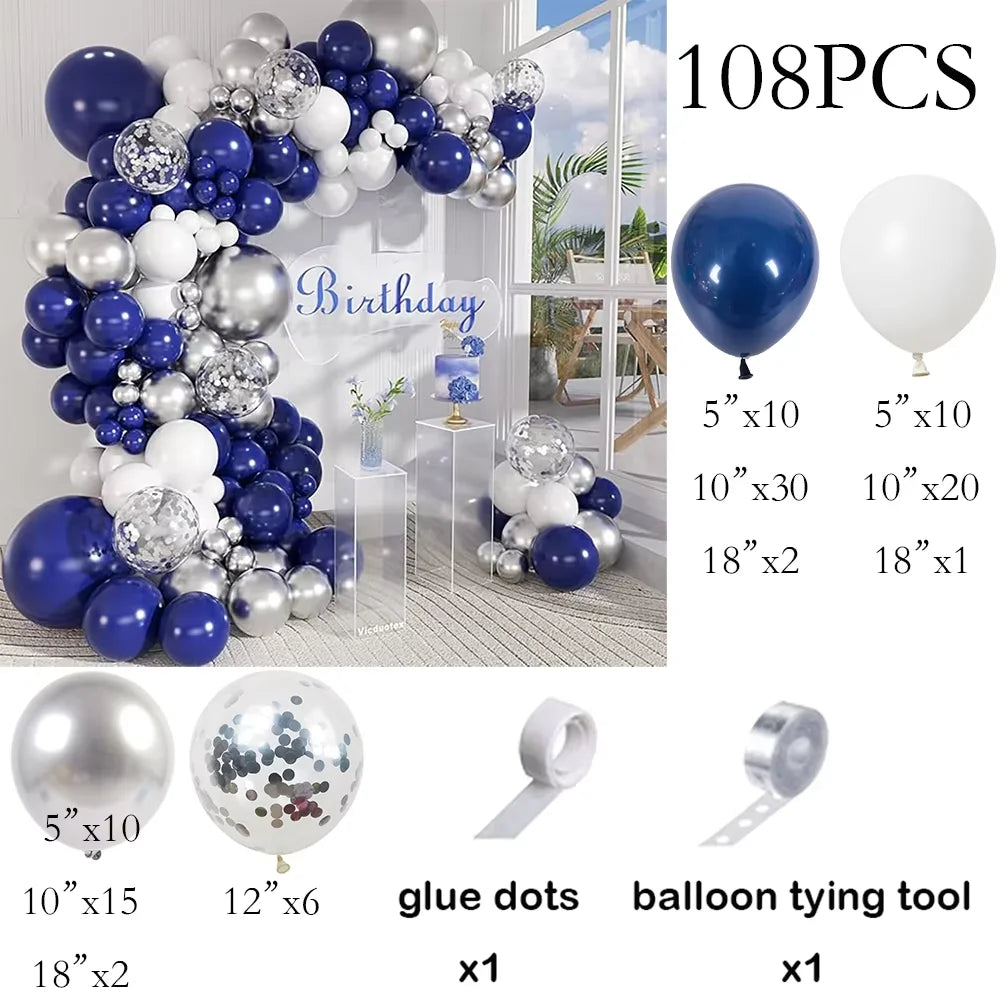 Kit Arco de Balões Azul Marinho, Branco e Prateado – 110 Peças