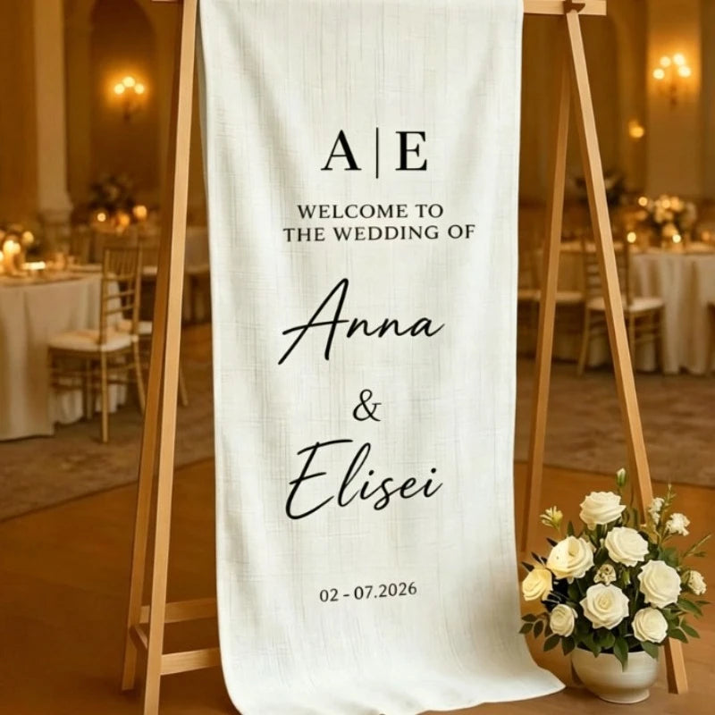 Banner de Linho Personalizado para Casamento – Placa de Boas-Vindas em Tecido