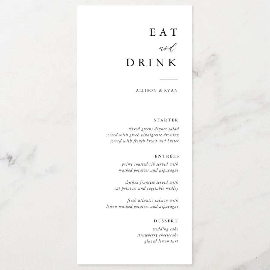 Menus de Casamento Personalizados com Caligrafia Elegante