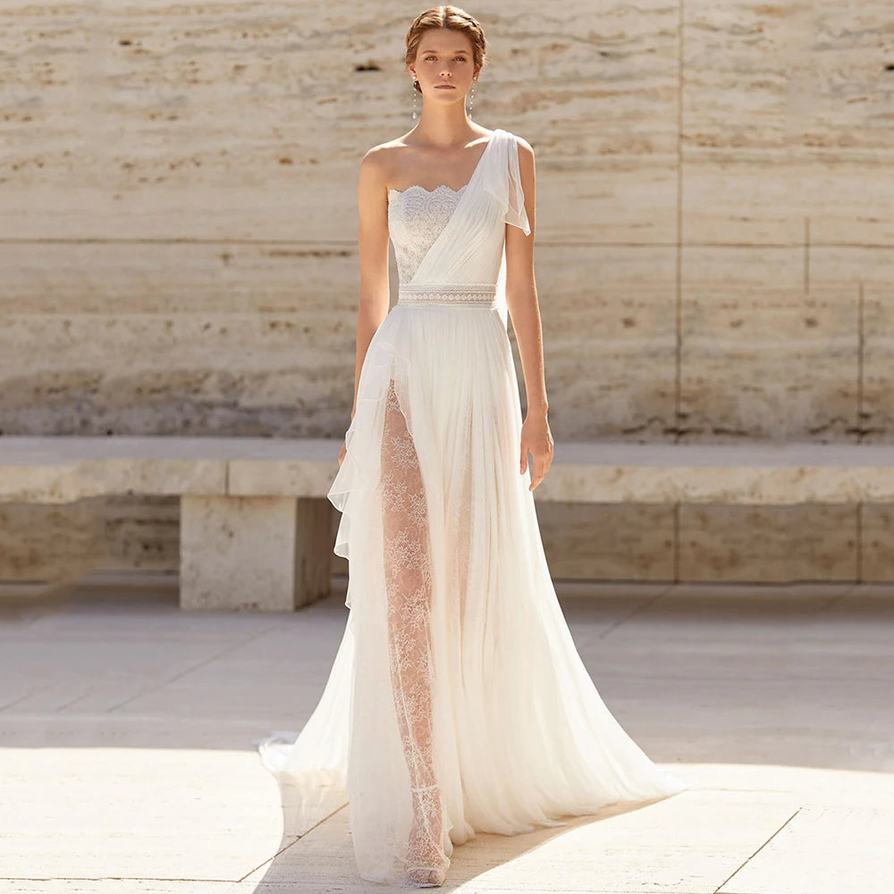 Vestido de Noiva Boho em Chiffon e Renda com Ombro Único