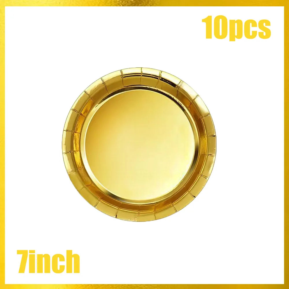 Conjunto de Louça Descartável Dourada – Copos, Pratos e Guardanapos para Festas