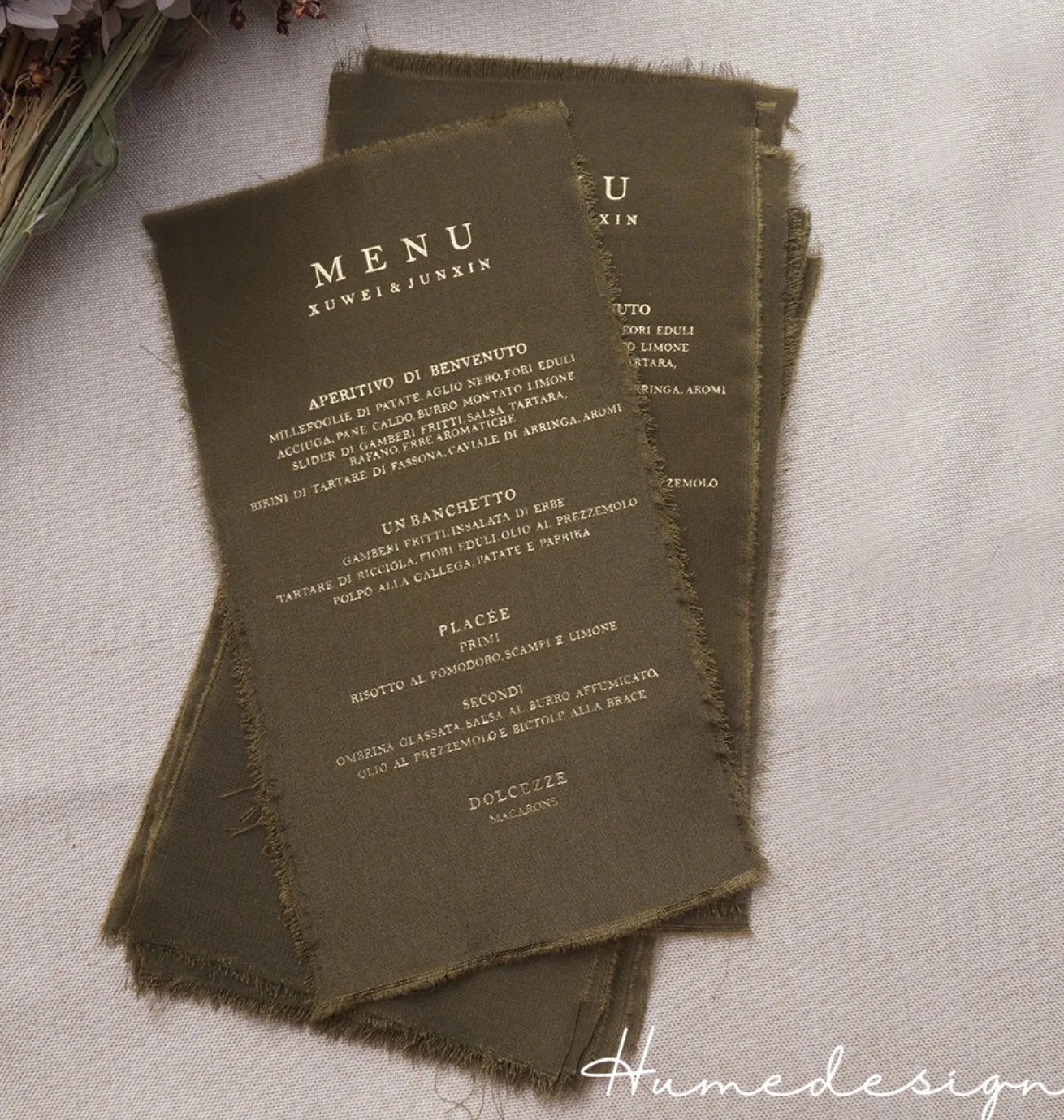 Menu de Casamento em Seda com Bordas Rasgadas