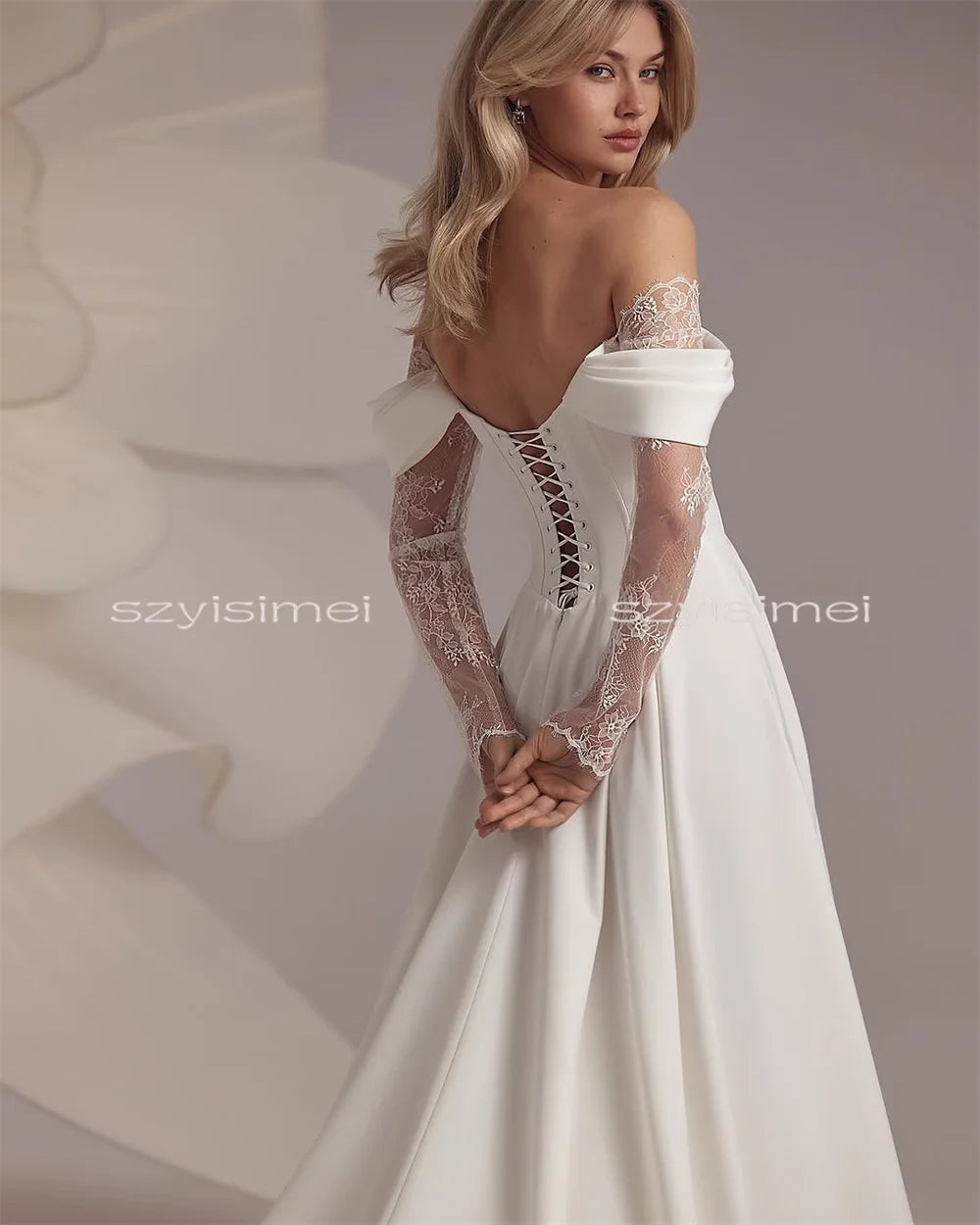 Vestido de Noiva Ombro a Ombro em Renda com Saia A-Line