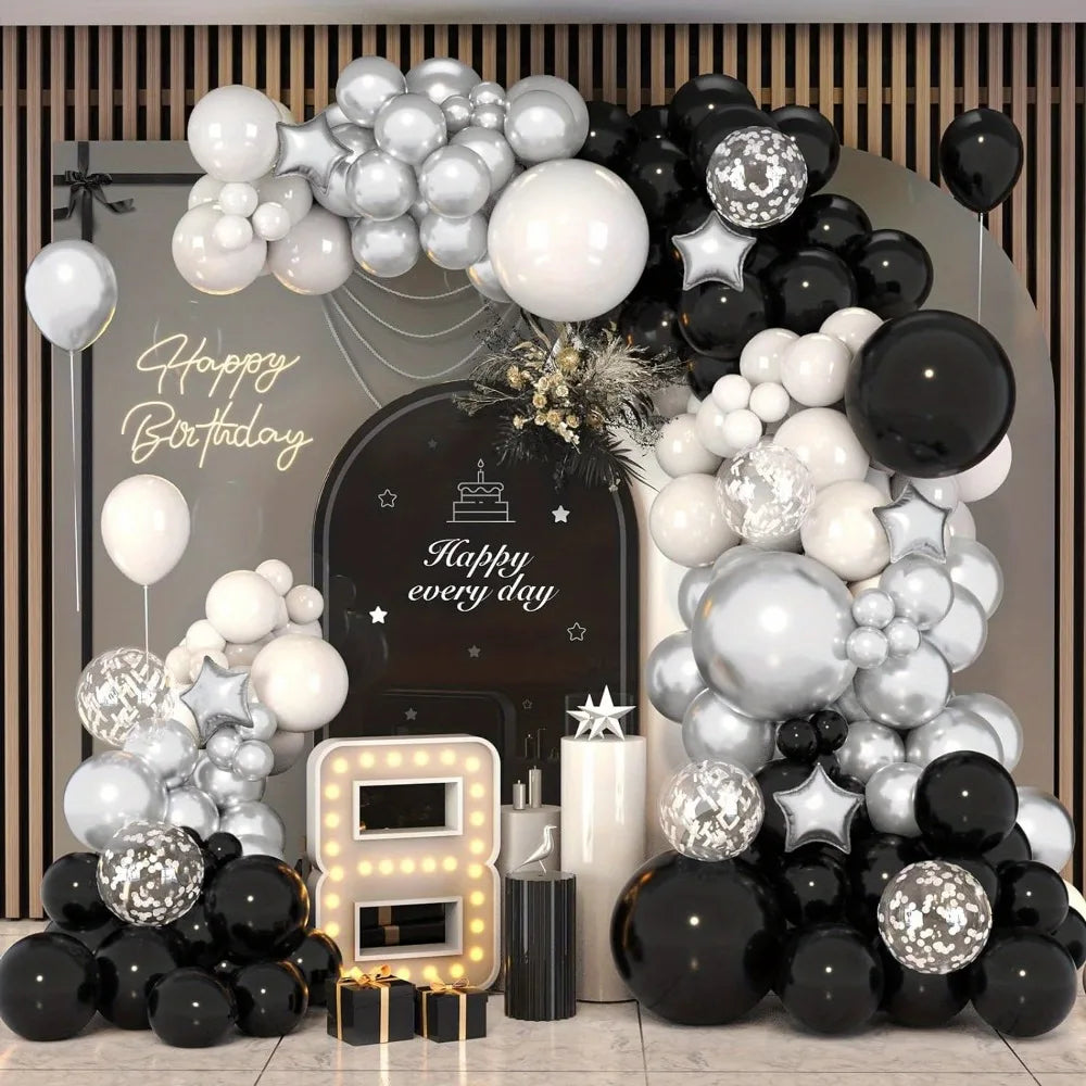 Kit de 131 Balões Preto, Branco e Prateado – Decoração Elegante para Festas e Eventos