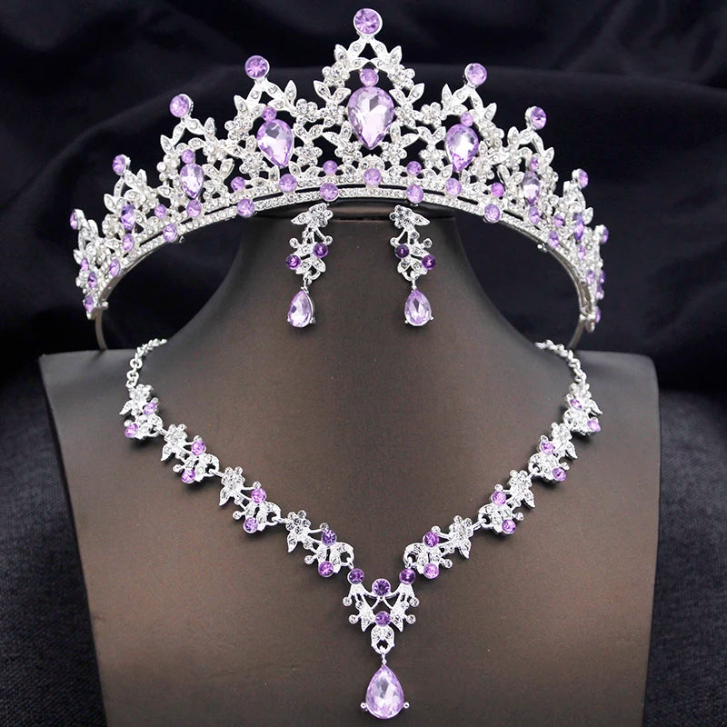 Conjunto de Joias de Princesa com Tiara Azul Opala – Coroa, Colar e Brincos