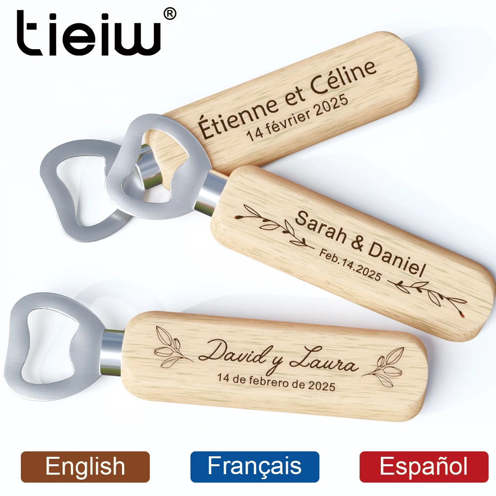 Abridores de Garrafa em Madeira Personalizados – Lembrança de Casamento (12 Peças)