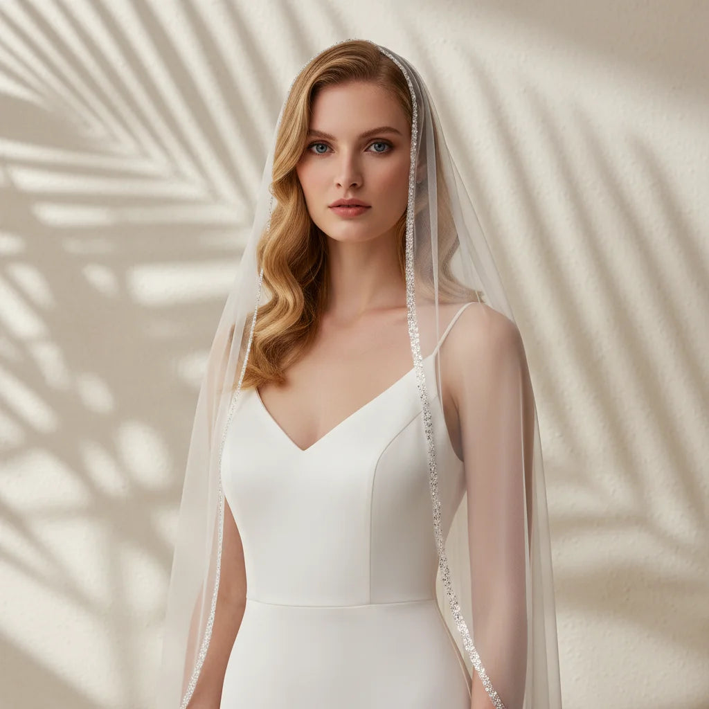 Véu Clássico de Noiva com Borda em Pérolas – Elegância Intemporal para o Seu Grande Dia