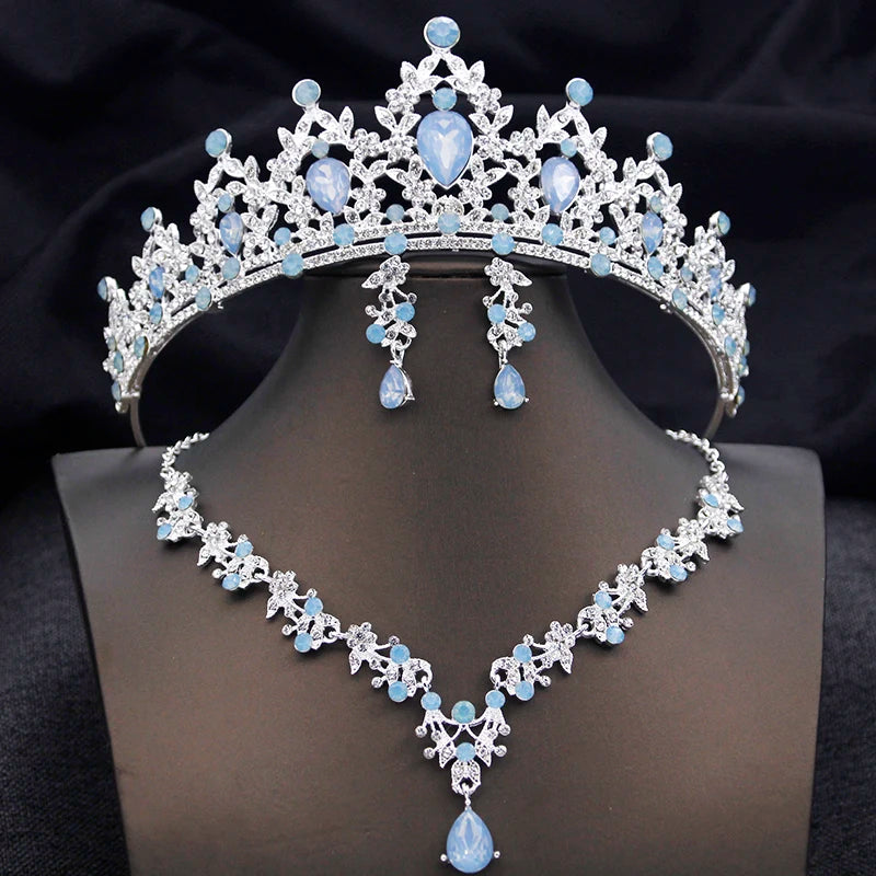 Conjunto de Joias de Princesa com Tiara Azul Opala – Coroa, Colar e Brincos