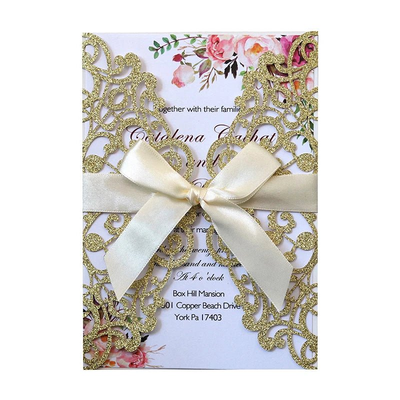 Convites de Casamento com Glitter e Fita – Pack de 10 | Elegância que Brilha