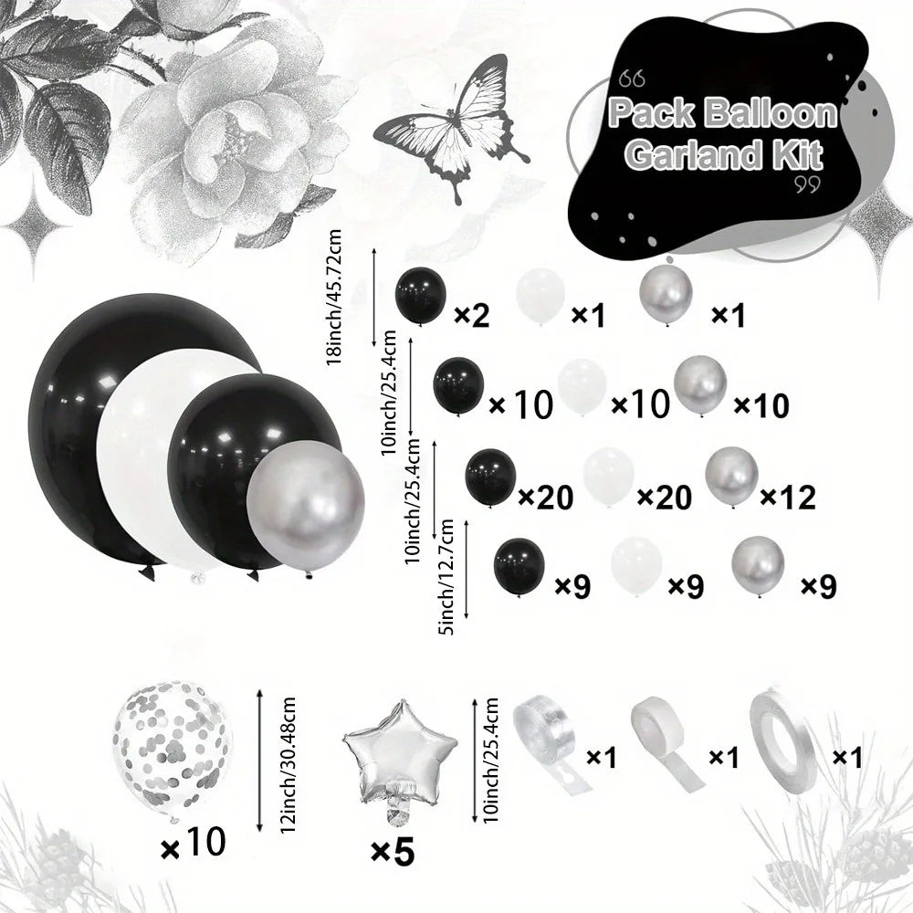 Kit de 131 Balões Preto, Branco e Prateado – Decoração Elegante para Festas e Eventos