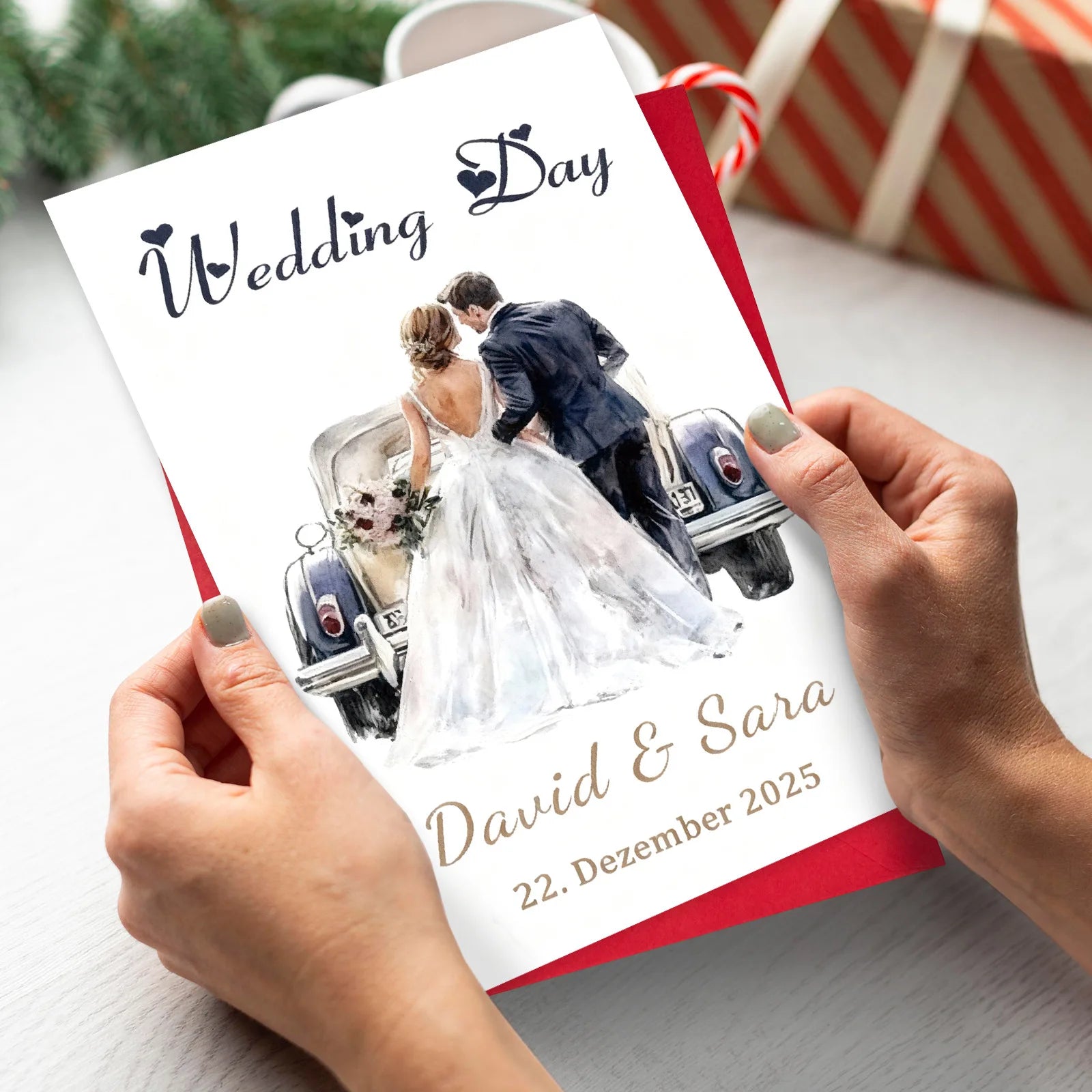 Convite de Casamento com Envelope – Ilustração em Aguarela de Carro dos Noivos | Personalizável