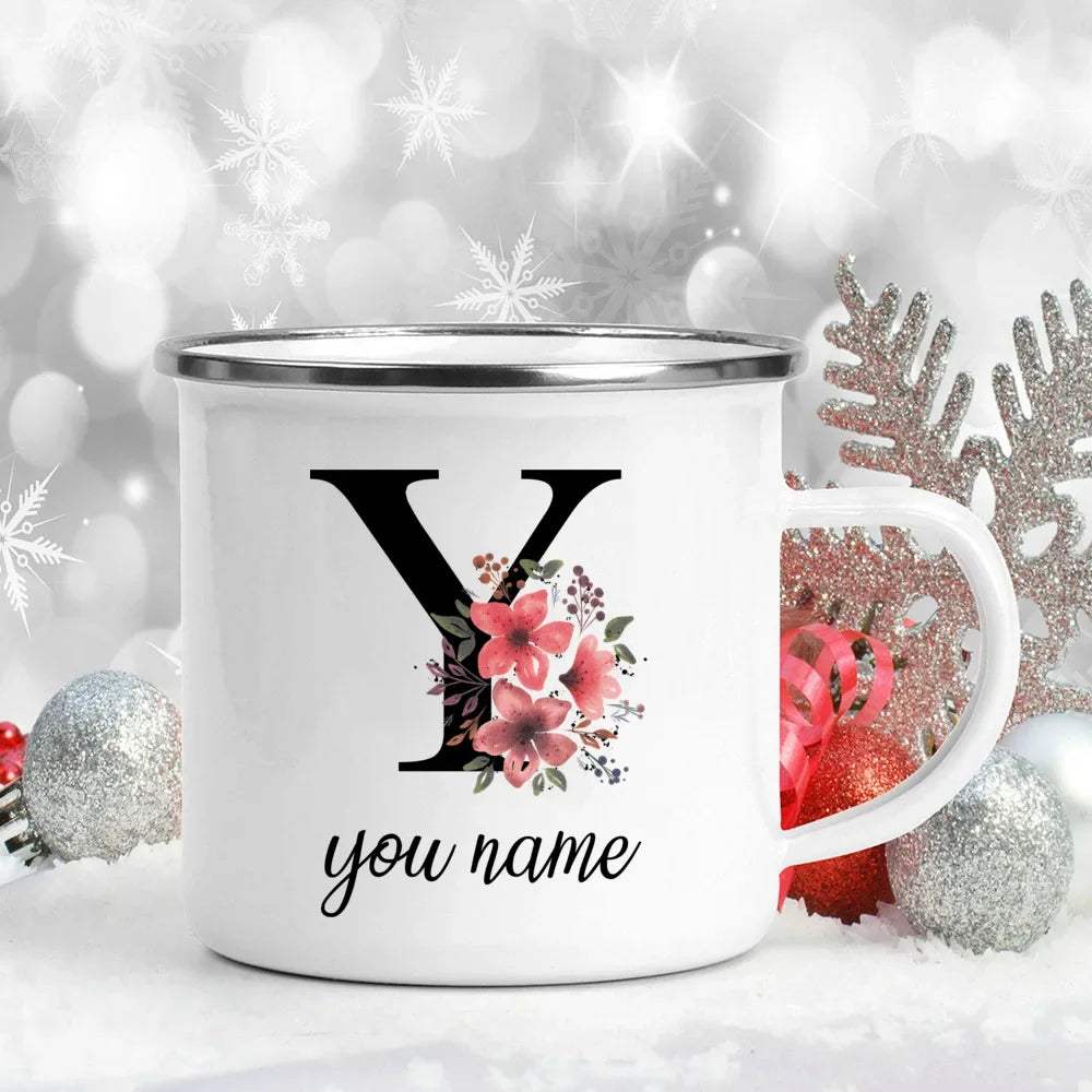 Caneca Esmaltada Personalizada com Nome e Flor