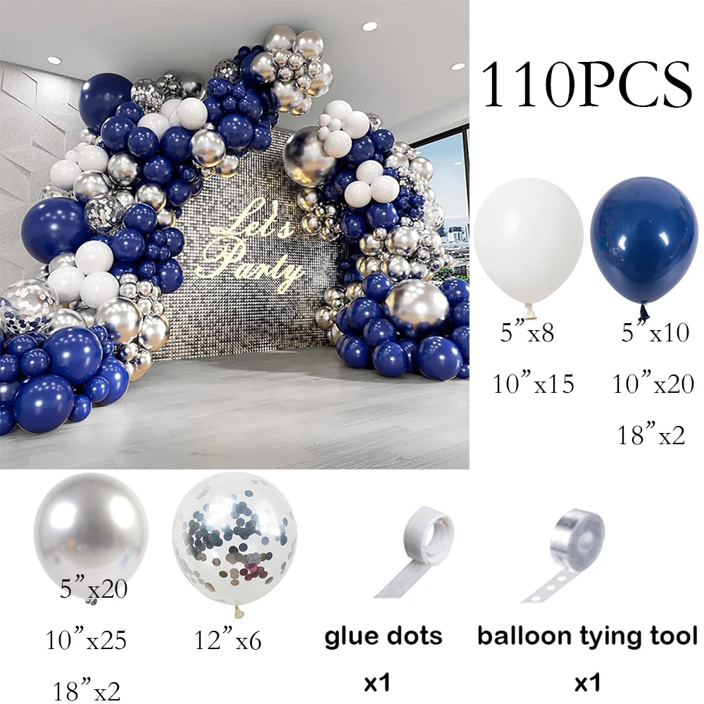 Kit Arco de Balões Azul Marinho, Branco e Prateado – 110 Peças
