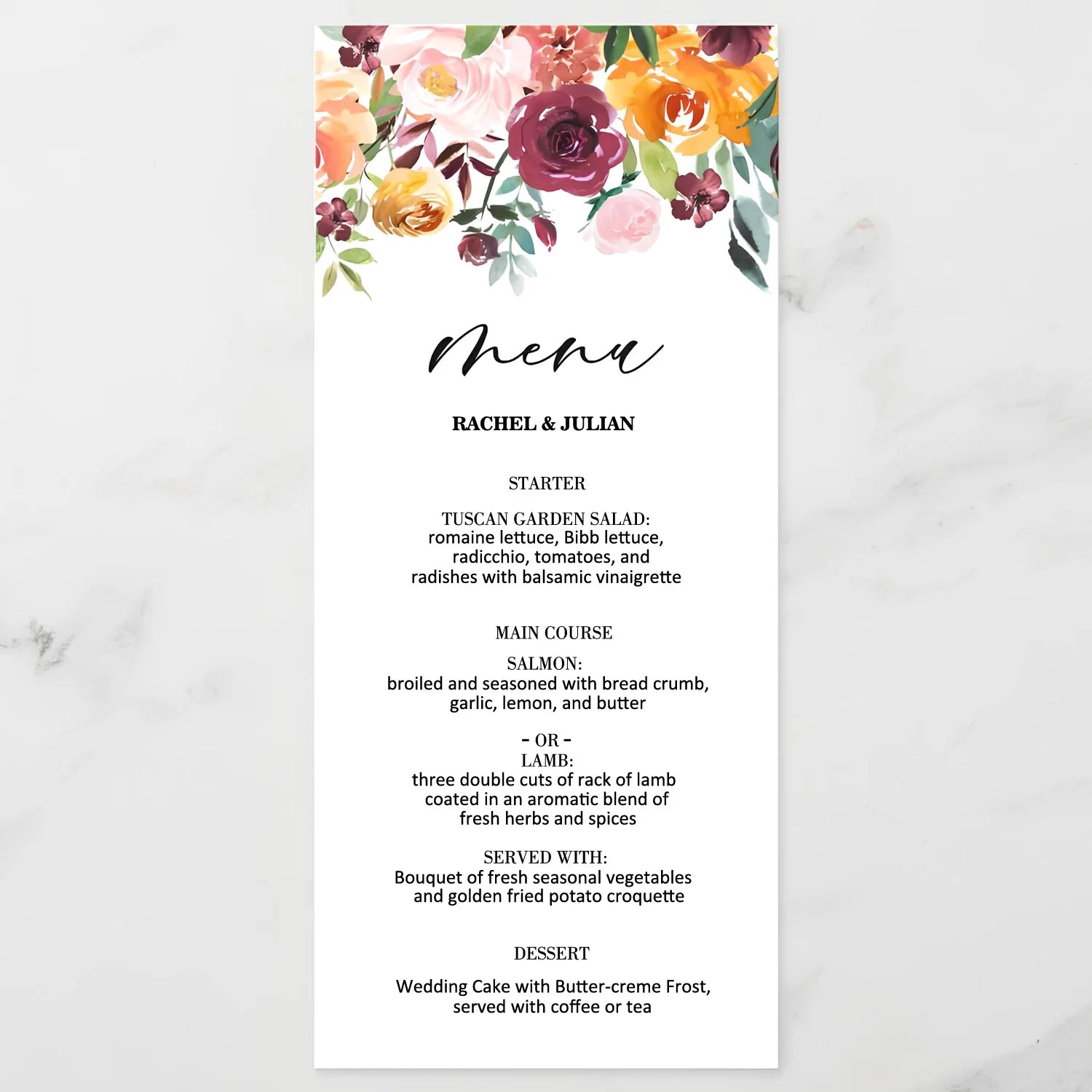 Menus de Casamento Personalizados com Design Floral