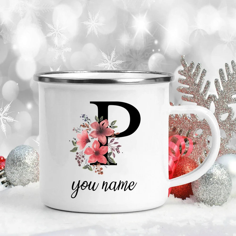 Caneca Esmaltada Personalizada com Nome e Flor