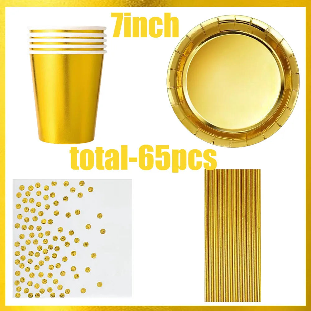 Conjunto de Louça Descartável Dourada – Copos, Pratos e Guardanapos para Festas