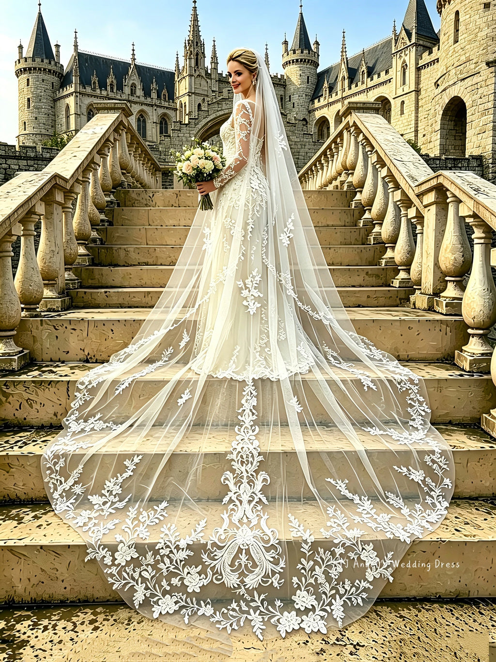 Véu Catedral de Noiva com Renda Bordada – Elegância Majestosa para um Casamento de Sonho