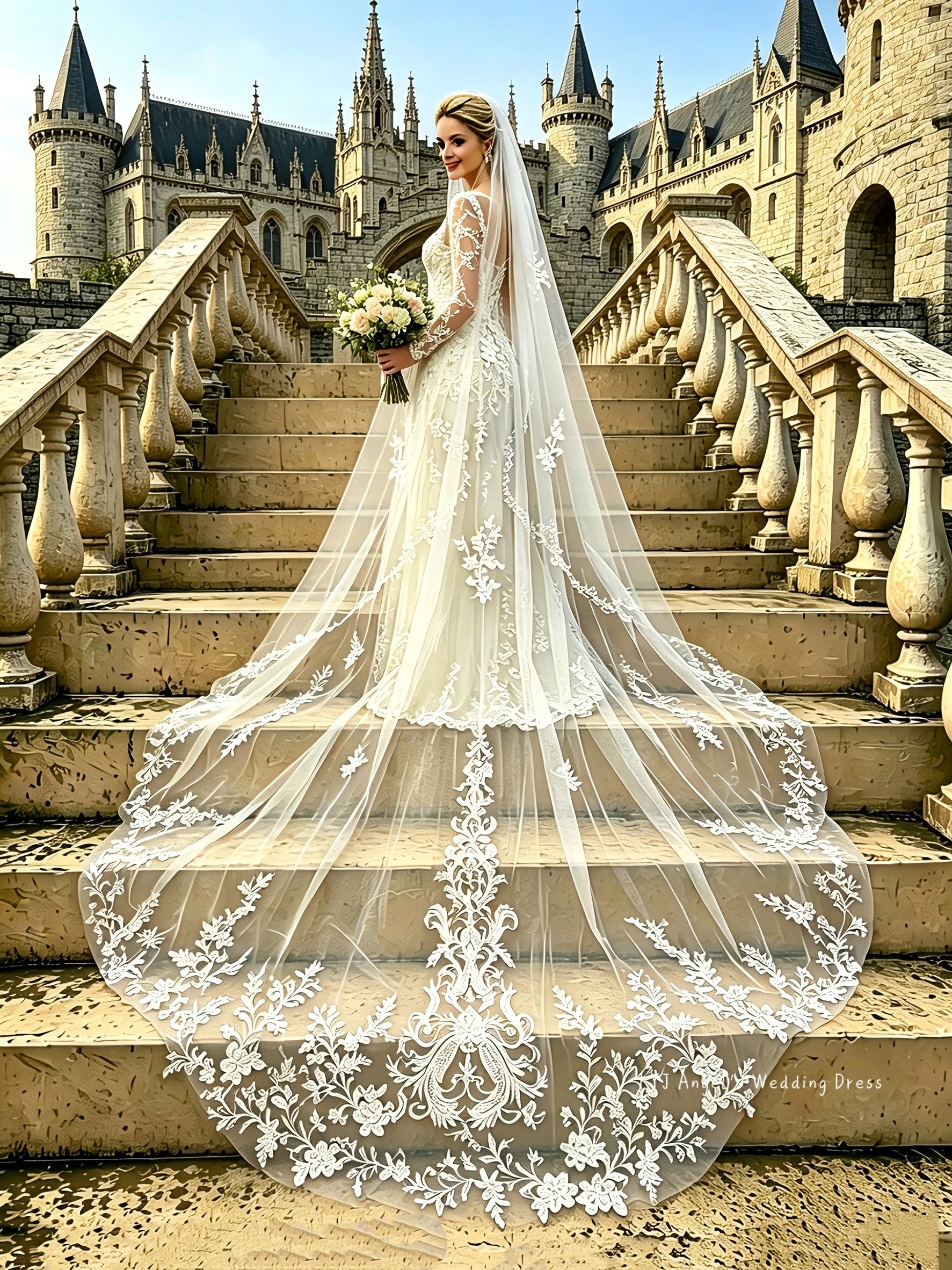 Véu Catedral de Noiva com Renda Bordada – Elegância Majestosa para um Casamento de Sonho
