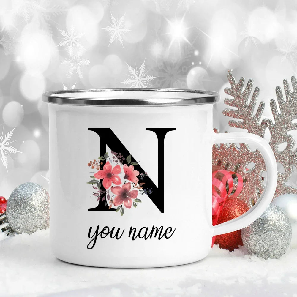 Caneca Esmaltada Personalizada com Nome e Flor