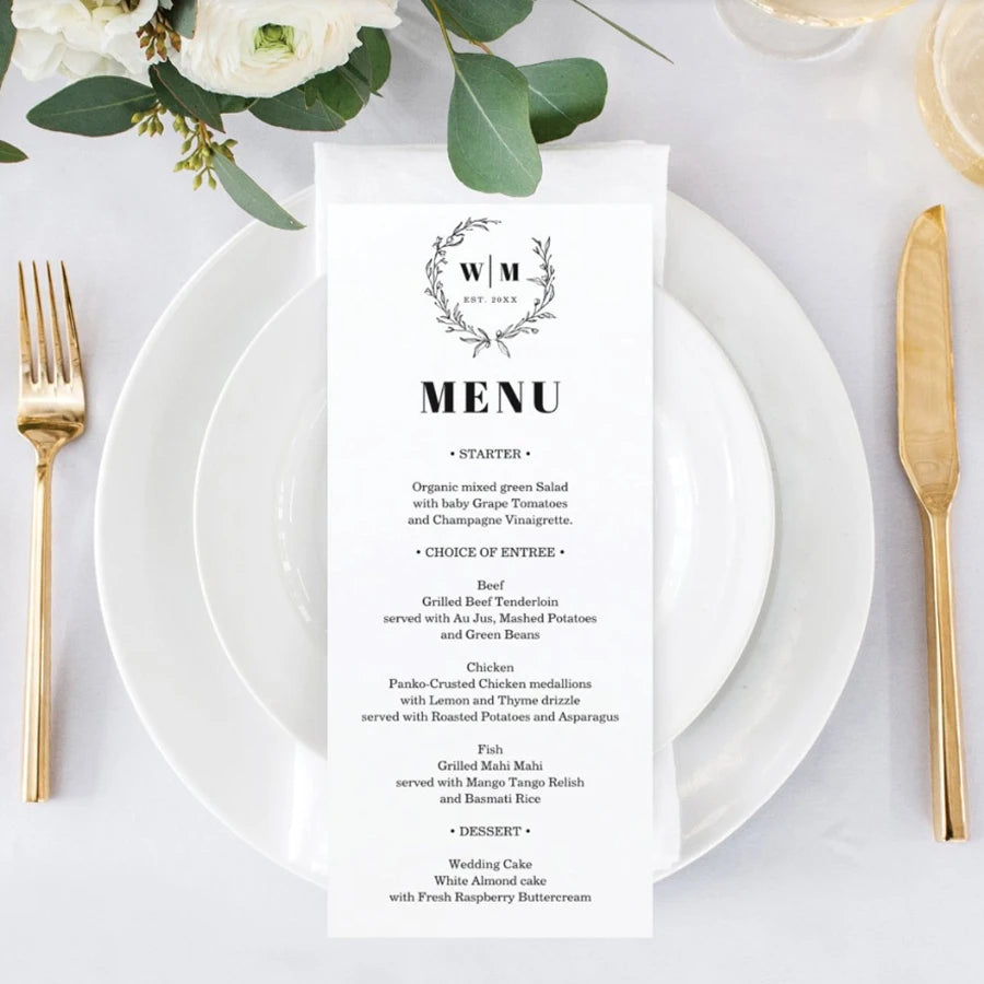 Menus de Casamento Personalizados com Caligrafia Elegante