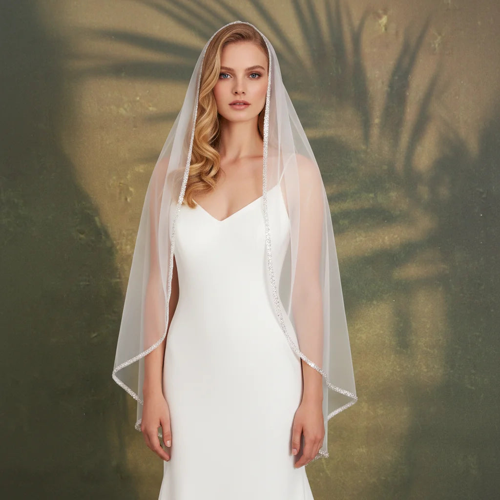 Véu Clássico de Noiva com Borda em Pérolas – Elegância Intemporal para o Seu Grande Dia