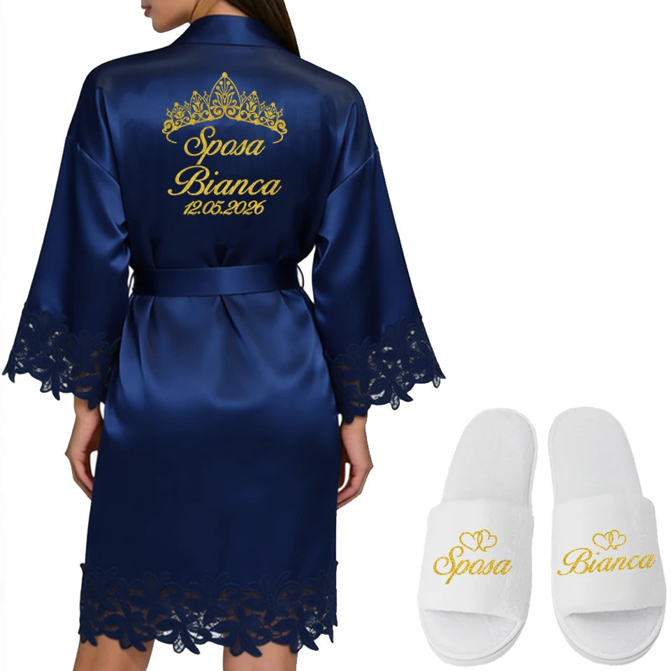 Robe Personalizado para Noiva – Com Nome e Data Bordados | Roupão de Cetim com Renda para Casamento