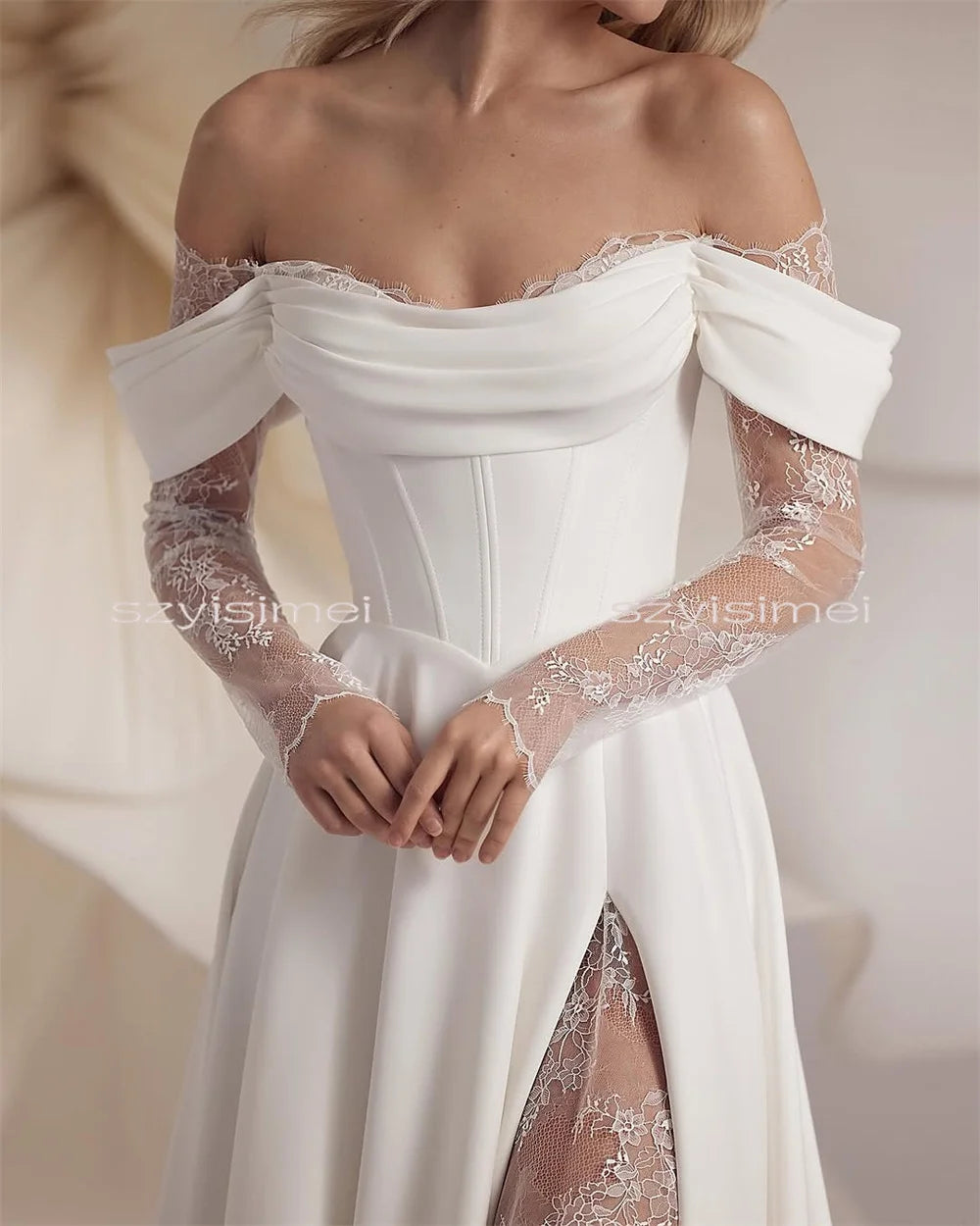 Vestido de Noiva Ombro a Ombro em Renda com Saia A-Line