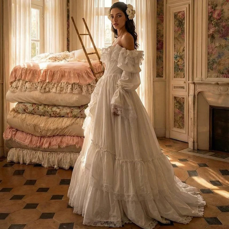 Vestido de Noiva Princesa A-Line Vintage com Mangas Bufantes em Cetim e Cauda Suave – Personalizado