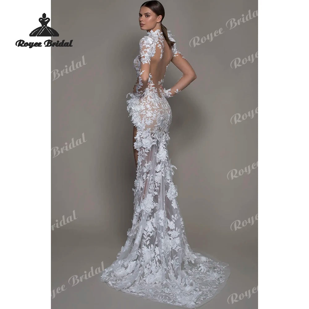 Vestido de Noiva Sereia Boho com Flores 3D, Costas Abertas e Fenda