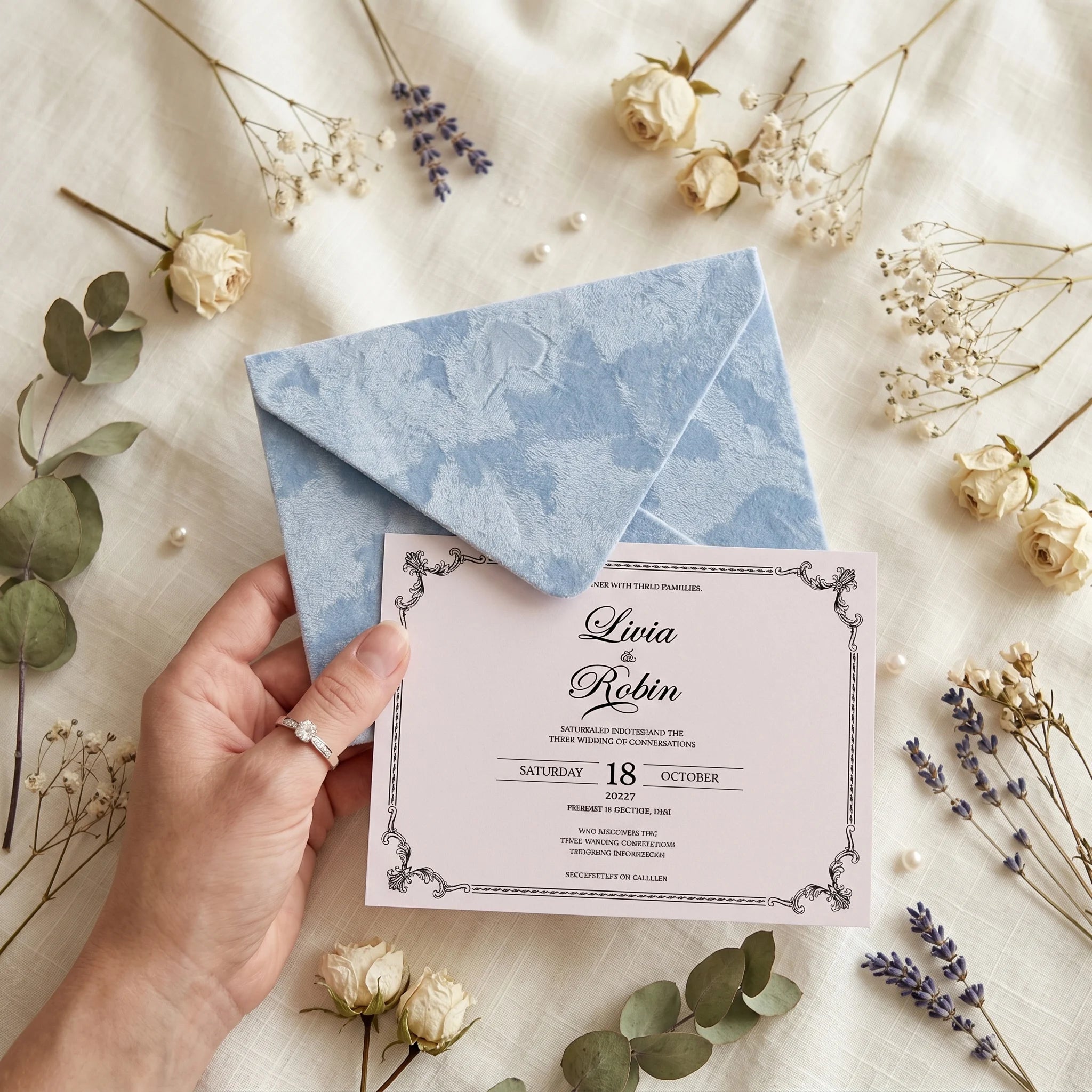 Convite de Casamento em Veludo Azul Poeira – Personalizado | Elegância Intemporal