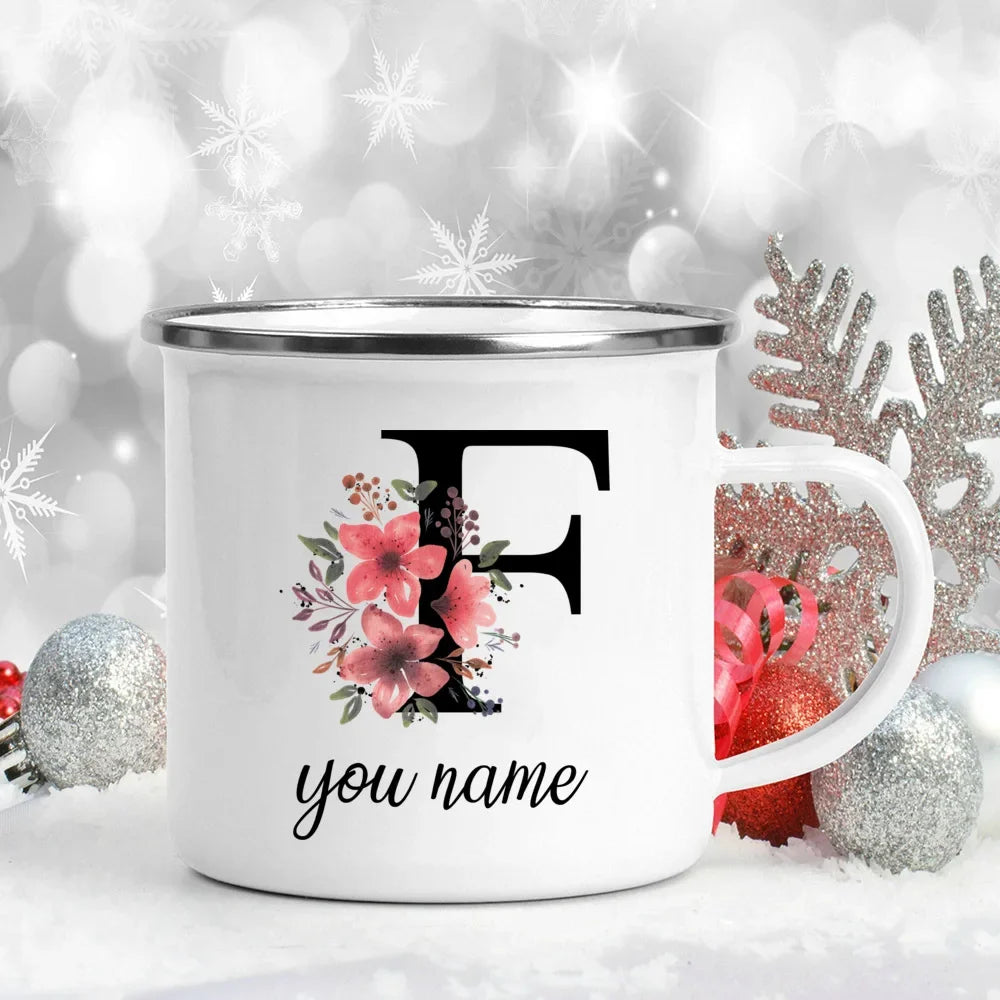 Caneca Esmaltada Personalizada com Nome e Flor